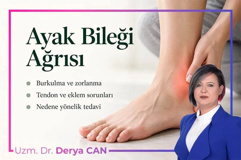 Ayak bileğini tutan kişi ve ağrılı eklem bölgesinin kırmızıyla vurgulanması.