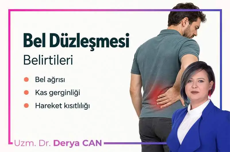Bel düzleşmesi belirtileri ve belindeki ağrılı bölge kırmızıyla vurgulanan tişörtlü erkek.