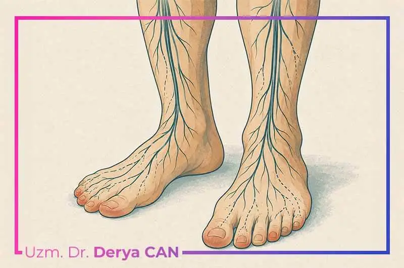 Diyabetik Nöropati Nedir? Tedavi Yöntemleri Nelerdir? 2 Diyabetik nöropatide ayaklara uzanan sinir dallarındaki hasarı temsil eden grafik illüstrasyon.