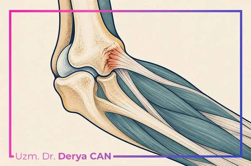 Dirseğin iç tarafındaki tendon liflerinde oluşan zorlanmayı gösteren grafik illüstrasyon.