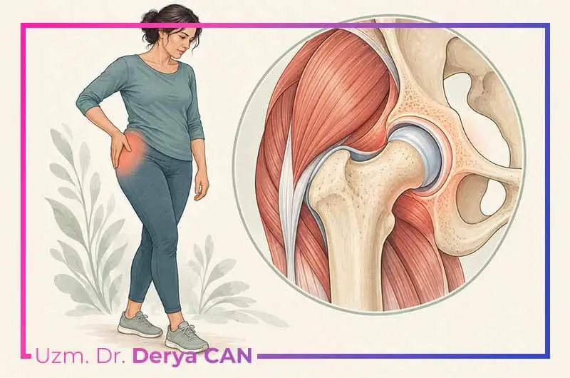 Kalça ağrısı bölgesini ve kalça ekleminin anatomisini gösteren yazısız grafik illüstrasyon.