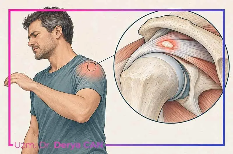 Omuzdaki supraspinatus tendonunun içinde oluşan kalsiyum birikimini gösteren yazısız grafik illüstrasyon.