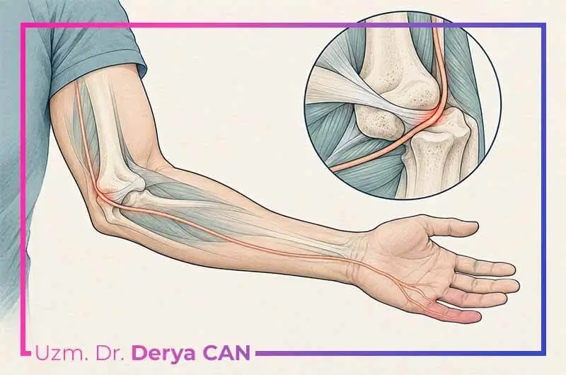 Kubital Tünel Sendromu Tedavisi 2 Dirseğin iç kısmında sıkışan ulnar sinirin serçe ve yüzük parmağına uzanan hattını gösteren yazısız grafik illüstrasyon.