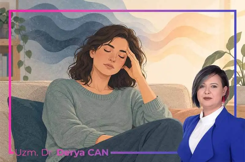 Migren atağı sonrasında görülebilen yorgunluk ve zihinsel bulanıklığı anlatan yazısız grafik illüstrasyon.