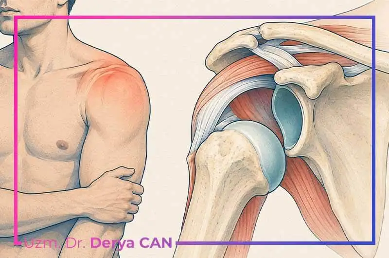 Omuz Çıkığı Tedavisi Nedir? Hangi Durumlarda Ameliyat Gerekir 2 Omuz çıkığında kol kemiği başının eklem yuvasından ayrılmasını gösteren yazısız grafik illüstrasyon.