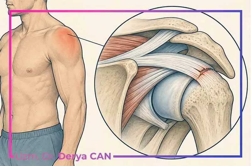 Omuzdaki supraspinatus tendonunda, kemiğe yapışma noktasına yakın oluşan kısmi yırtığı gösteren yazısız grafik illüstrasyon.