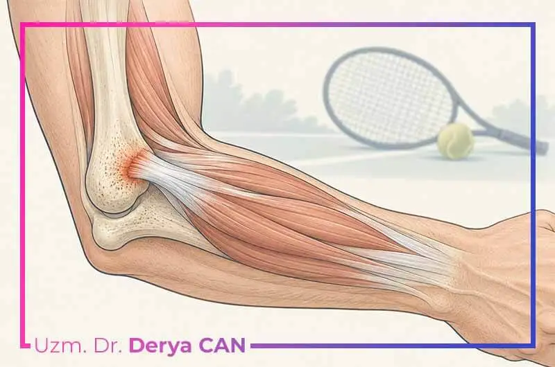 Tenisçi dirseğinde dirseğin dış tarafındaki tendon zorlanmasını gösteren grafik illüstrasyon.